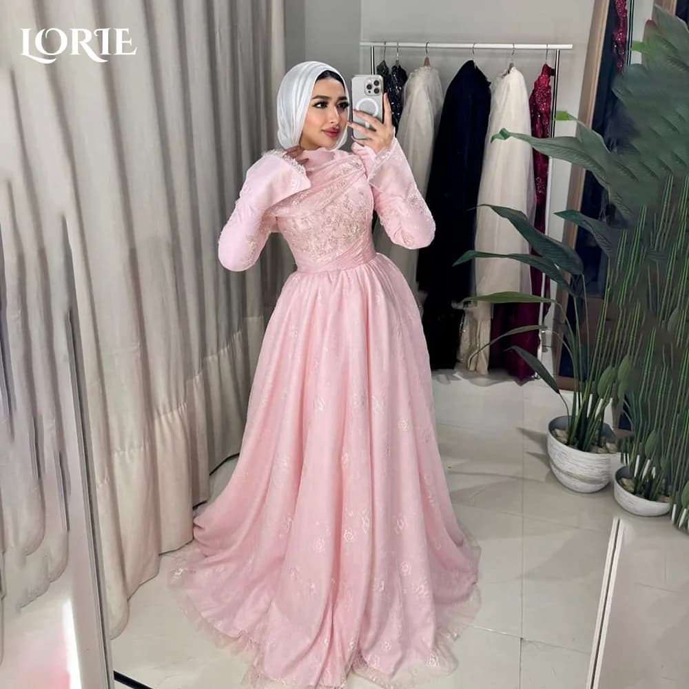 LORIE High Collar Arabia Evening Dress Shiny Sequins Floor Length Long Sleeves Mermaid Prom Dresses Pleats Party Gown Customized