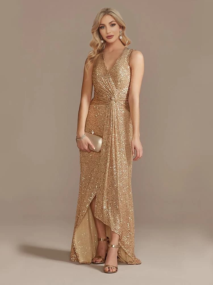 Luxury Floor Length V-Neck Evening Dresses Elegant Slit Party Women 2025 Wedding Sequins Formal Cocktail Prom Gowns