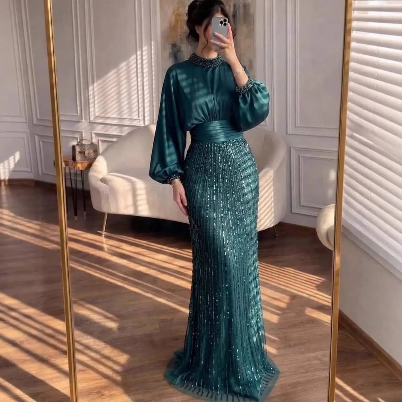 MisShow 2026 Luxury Muslim Green Satin Beaded Mermaid Evening Dress Long Sleeve Formal Prom Gown La73676 Customized