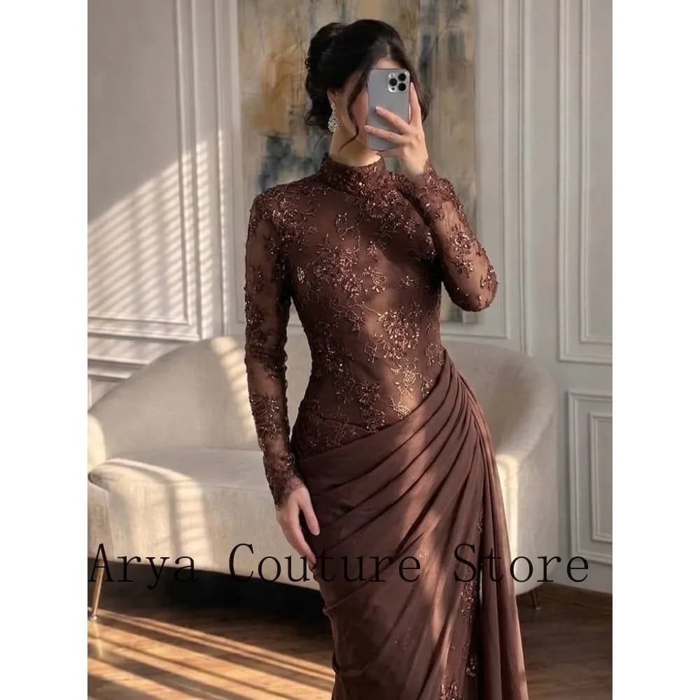 Customized Chocolate Brown High Neck Long Sleeve Lace Beaded Mermaid Evening Dress Women Formal Arabic Wedding Guest Gown