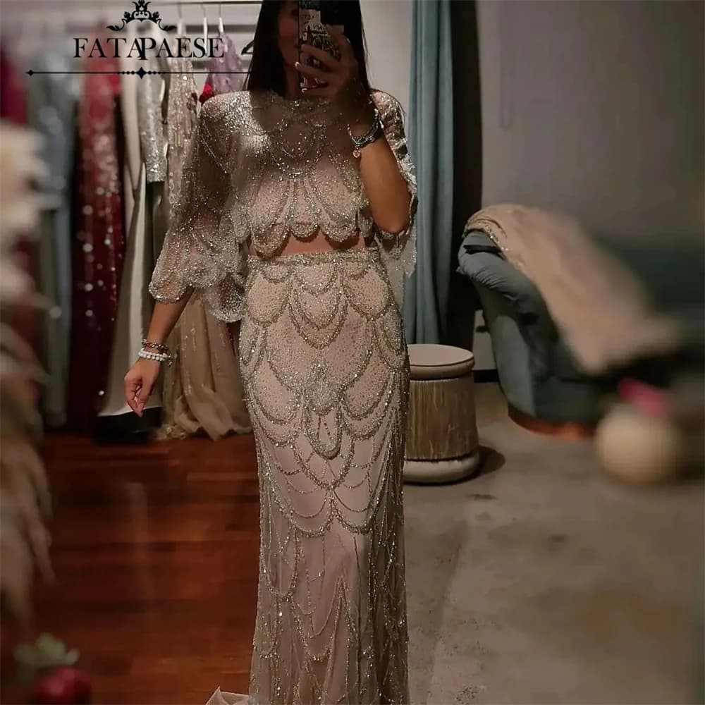 FATAPAESE Haute Couture Luxury Evening Dresses with Cape 2 Pieces Beaded Wedding Party Dress Silver Floral Shape Prom Dresses