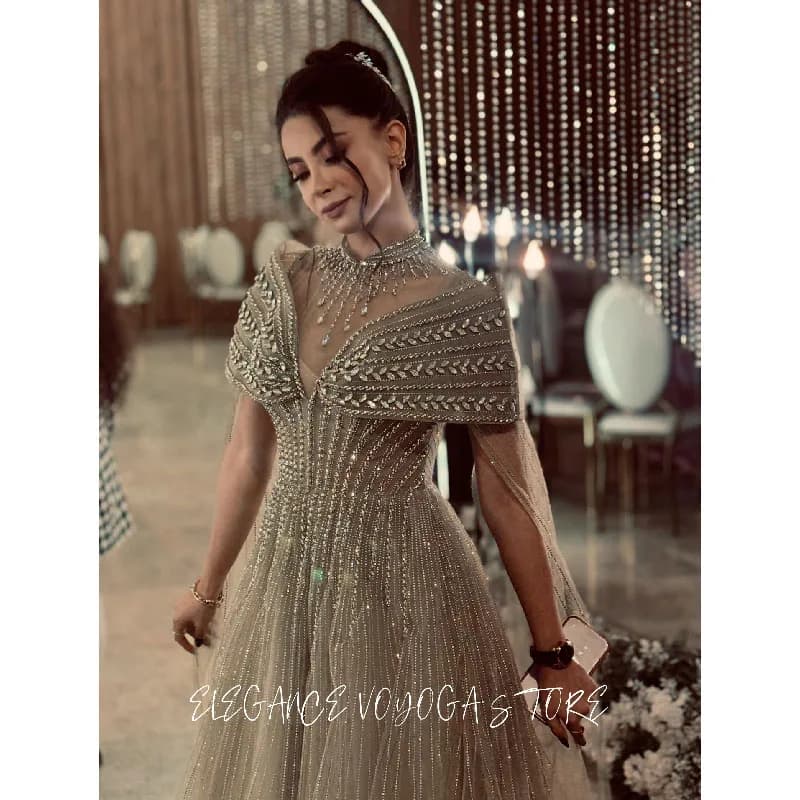 EVS Mint Green Luxury Caramel Evening Dress with Cape Long Sleeve Beaded Formal Gown for Occasion Wasisi 2025 Customized