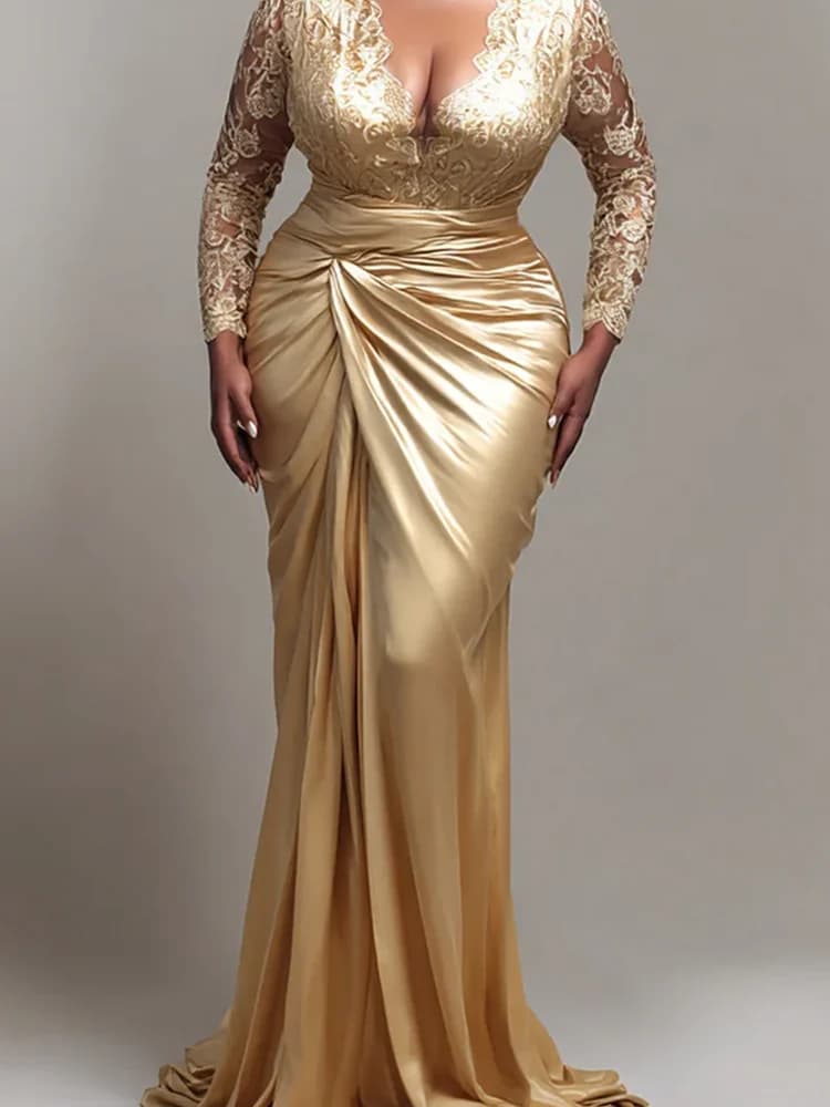 Vintage Champagne V-Neck Lace Ruched Full Sleeve Pleat Formal Evening Dresses Birthday Party Prom Gowns Customized