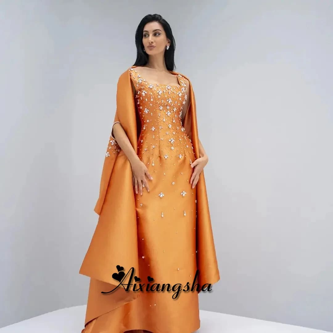 Aixiangsha Fancy Straight Evening Dress for Women Square Collar Satin Cape Rhinestones Sleeveles Vestidos Para Mujer Customized