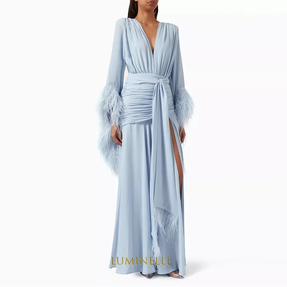 Customized V-Neck Side High Slit A-Line Prom Dresses Long Sleeve Elegant Evening Gowns Cascading Ruffle Party Dresses 2026