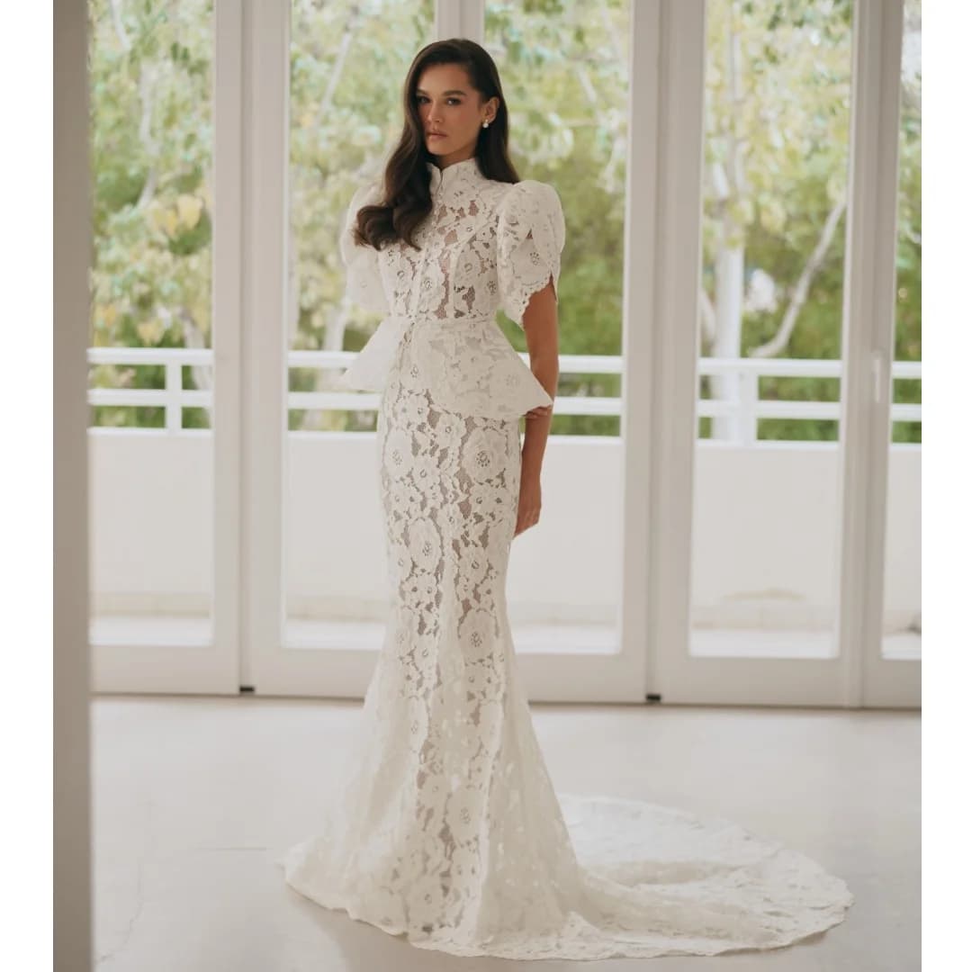 2 Pcs Evening Dresses Short Sleeves Lace Jacket Transparent Mermaid Prom Dress Elegant Party Gown Gala Vestidos Customized