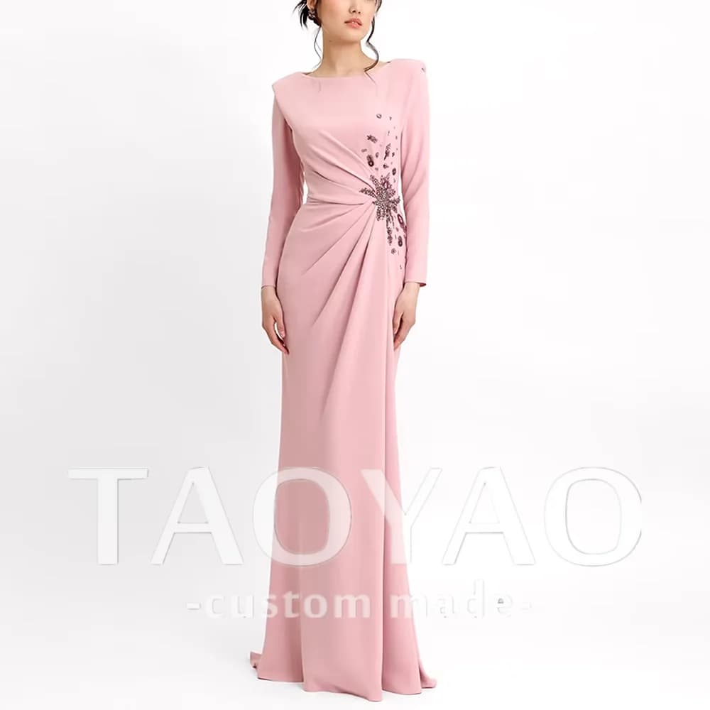 Customized Pink Mermaid Evening Dress Party Gown Long Sleeves Pleated O-Neck Beads Formal Occasion Dress Prom Gown For Women