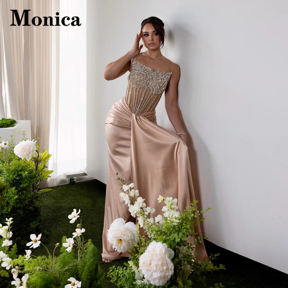 MONICA Luxurious Rhinestones Prom Dresses for Women Mermiad Ruched Sleeveless Evening Gowns Vestidos De Fiesta Customized Plus