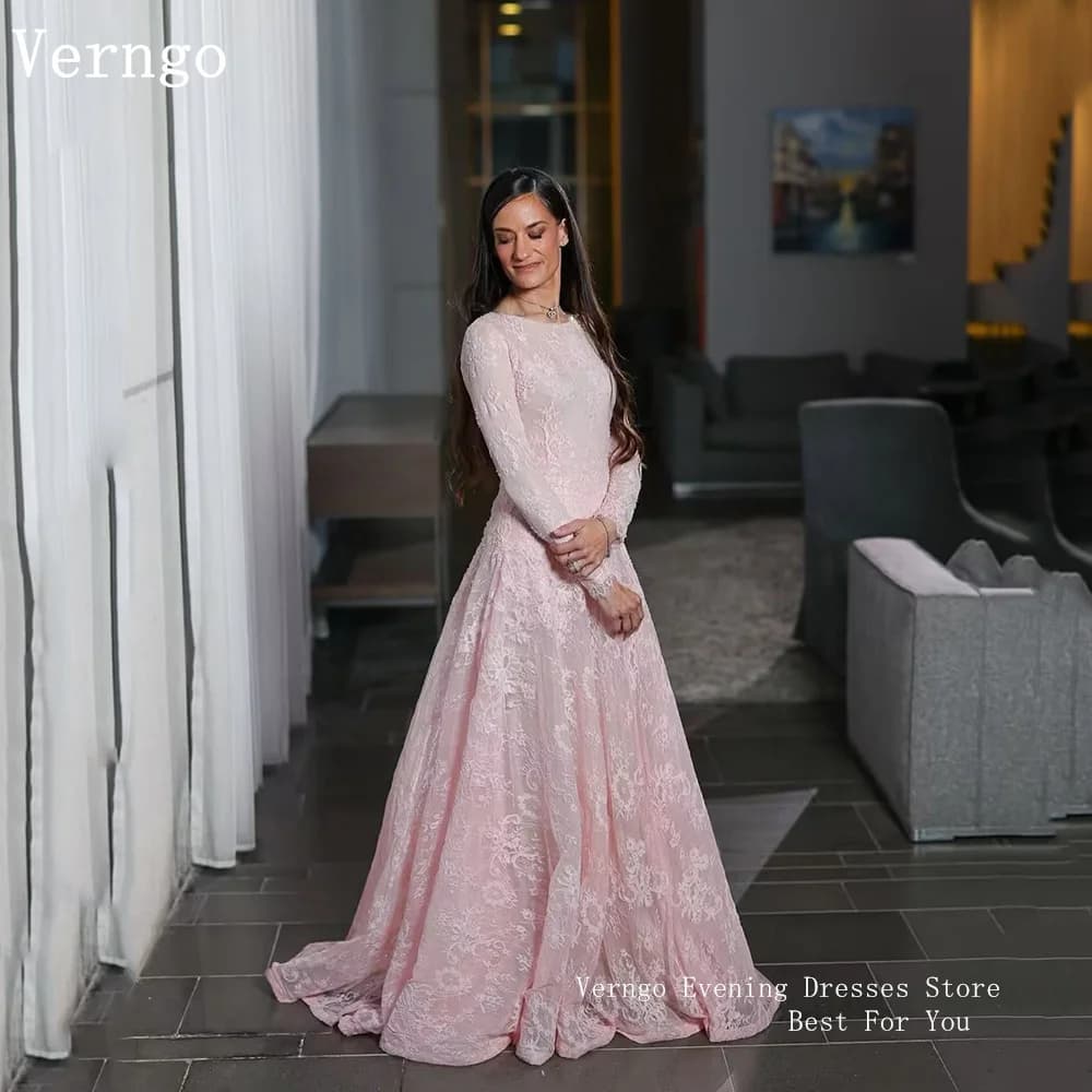 Verngo Luxury Pink Lace Evening Dress O Neck A Line Elegant Prom Dress Flowing Hand-pleated Party Dress Customized