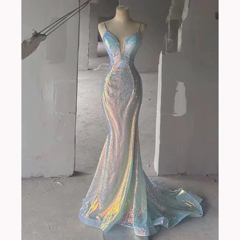 Colorful Women's Iridescent Sequin Slip Dress Deep V-neck Sleeveless Slim Sheath Evening Gown for Formal Occasions