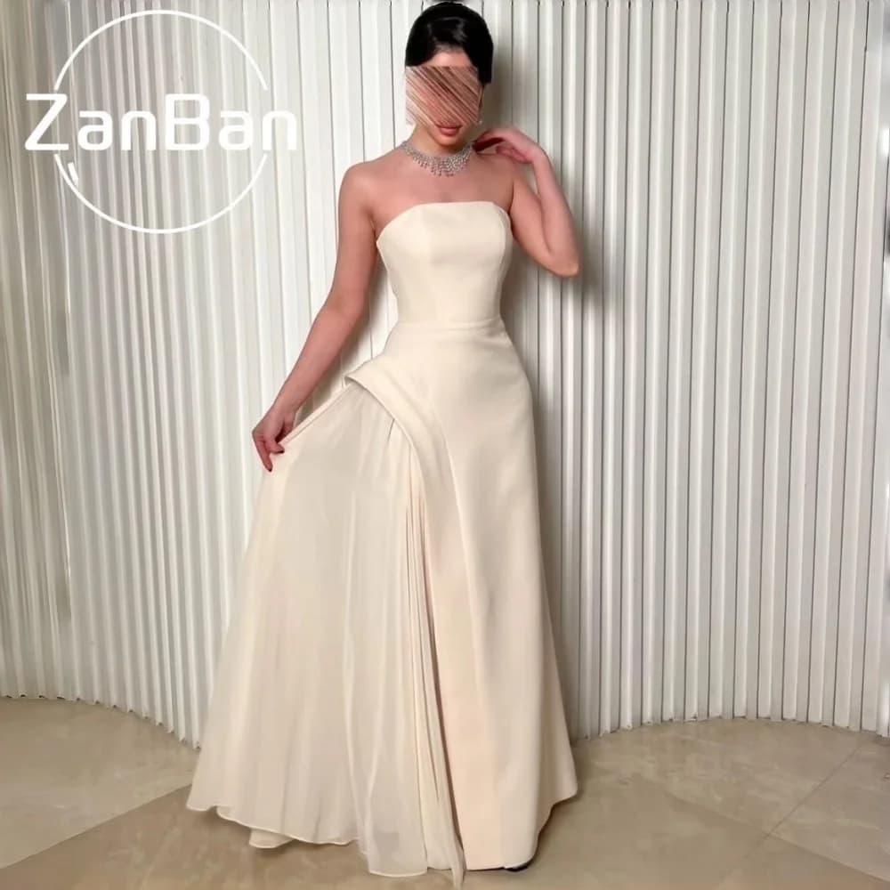 ZanBan Modest Strapless A-Line Prom Party Dress with Beaded Cape Floor Length Elegant Evening Gown Customzed For Formal Occation