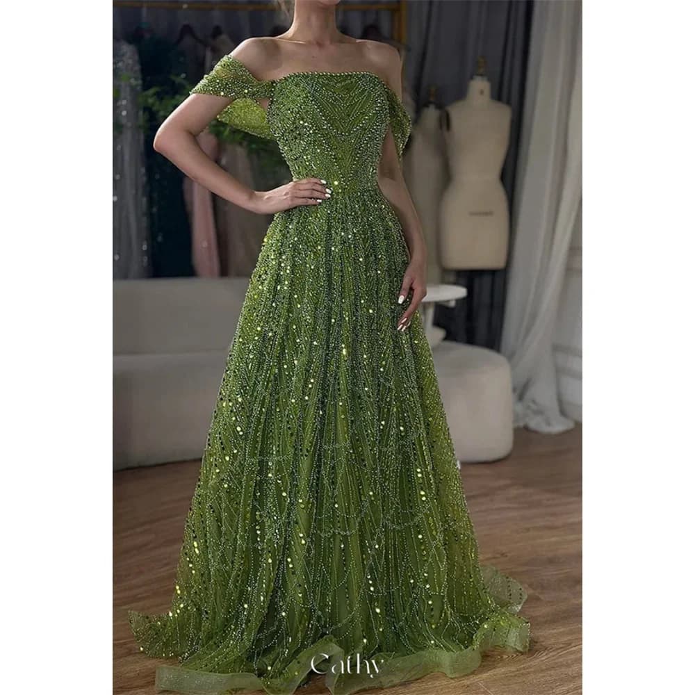 Cathy Customized Green Off The Shoulder Beads Prom Dress Gorgeous A-line vestidos de noiva Floor-length Evening Dresses 2025