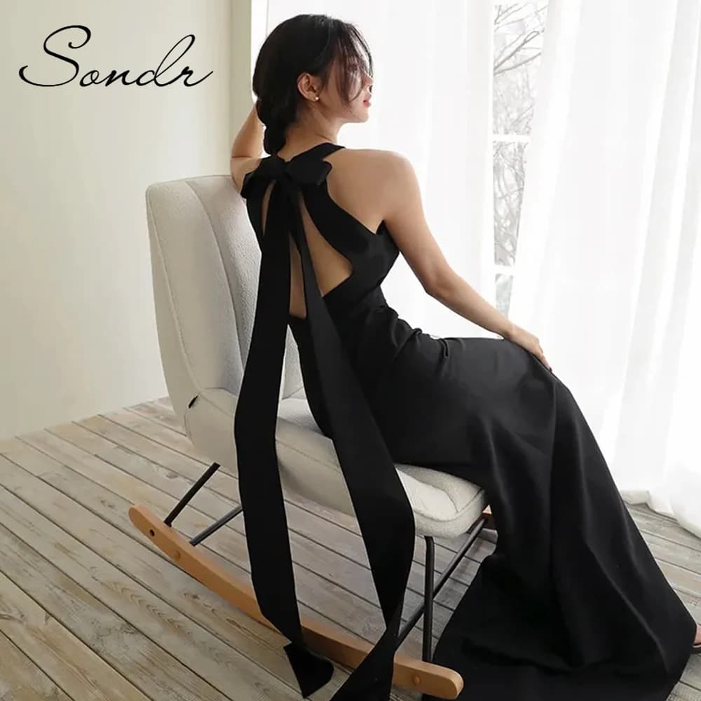 Sondr Black Elegant Backless Korean Evening Dresses Halter Sleeveless Customized Wedding Snap Dresses Floor-Length Party Dresses