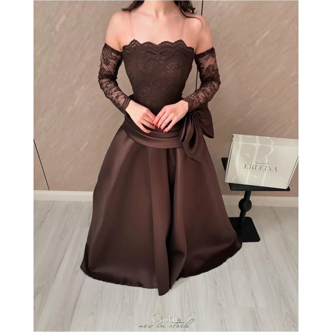 Cathy Customized Brown Off The Shoulder Lace Prom Dress A-line Bow Zip Back vestidos de noiva Floor-Length Formal Evening 2026
