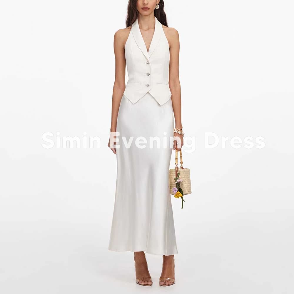 Simin Women's Chic White Evening Dress Set Women Halter Neck Blazer Vest with Satin Midi Skirt Formal Cocktail Party Gown Custom
