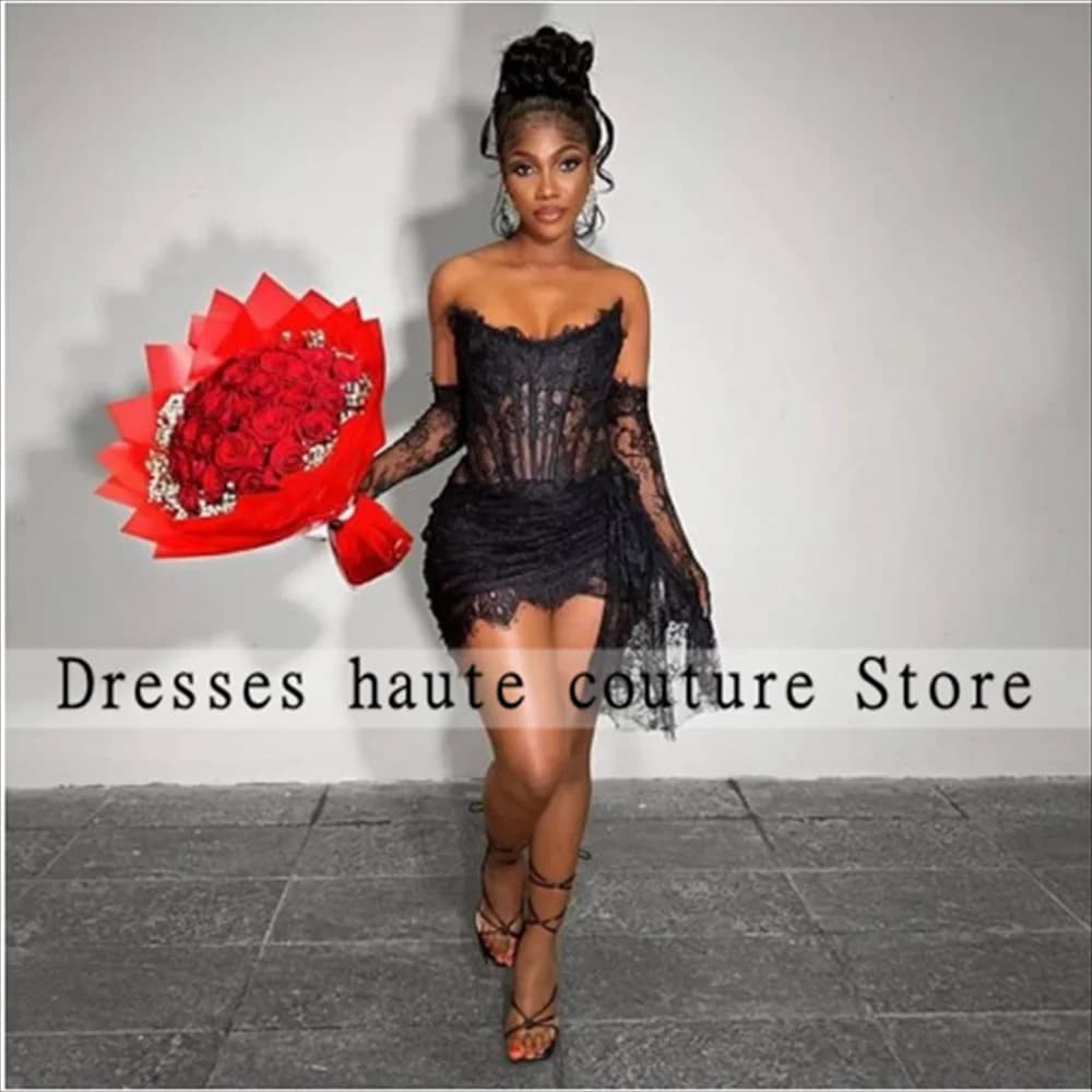 Sexy Black Lace Mini Cocktail Dresses For Black Girls 2026 With Gloves Short Prom Dresses Homcoming Dress Customized