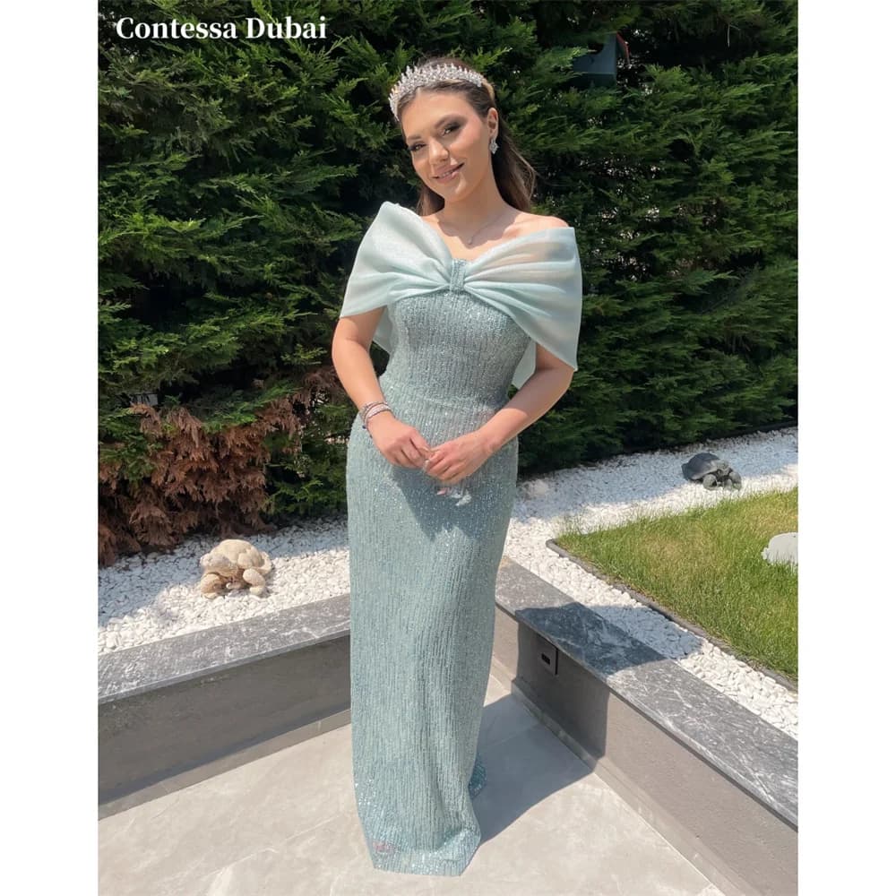 Contessa Custom Mint Green Off-Shoulder Evening Dress Organza Bow Prom Dresses Beaded Vestidos De Noche Tulle Formal Evening