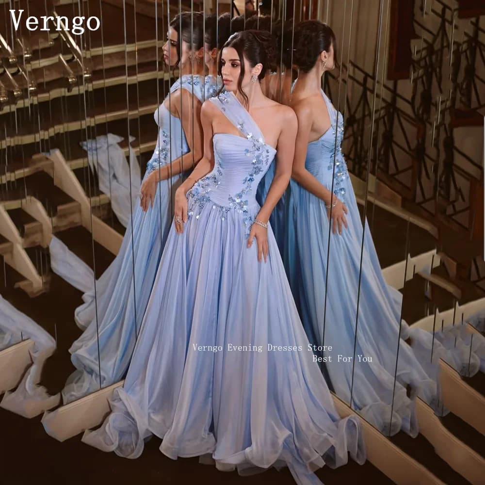 Verngo Blue Chiffon Evening Dress Appliques One Shoulder A Line Prom Party Dresses Maxi Pleated