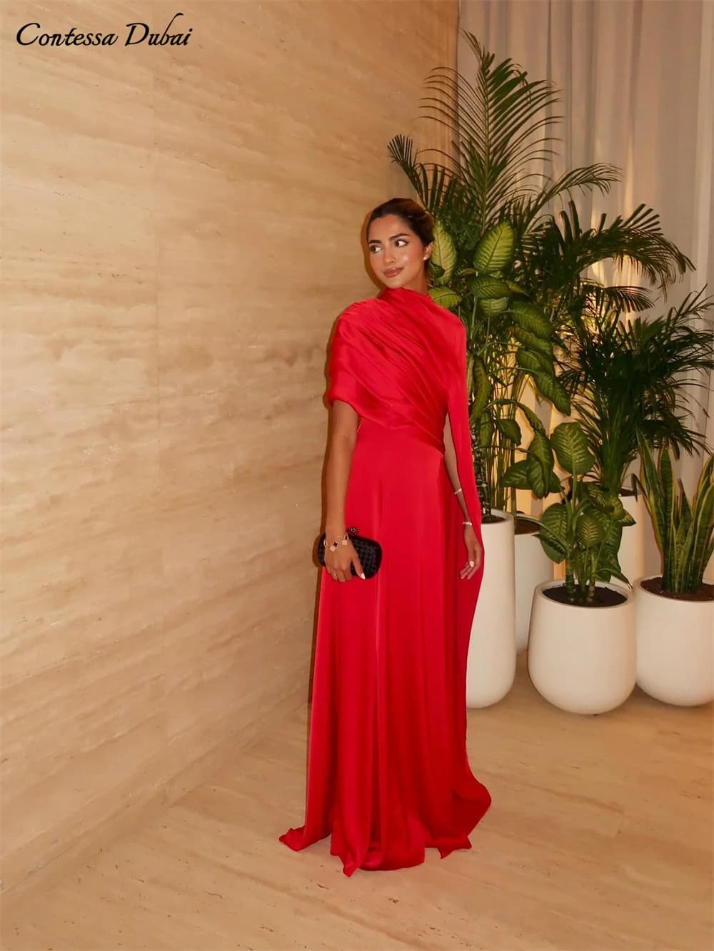 Contessa Dubai Custom True Red Column Prom Dress With cloak Sleeveless vestidos de gala Floor-Length Prom party dress 2025