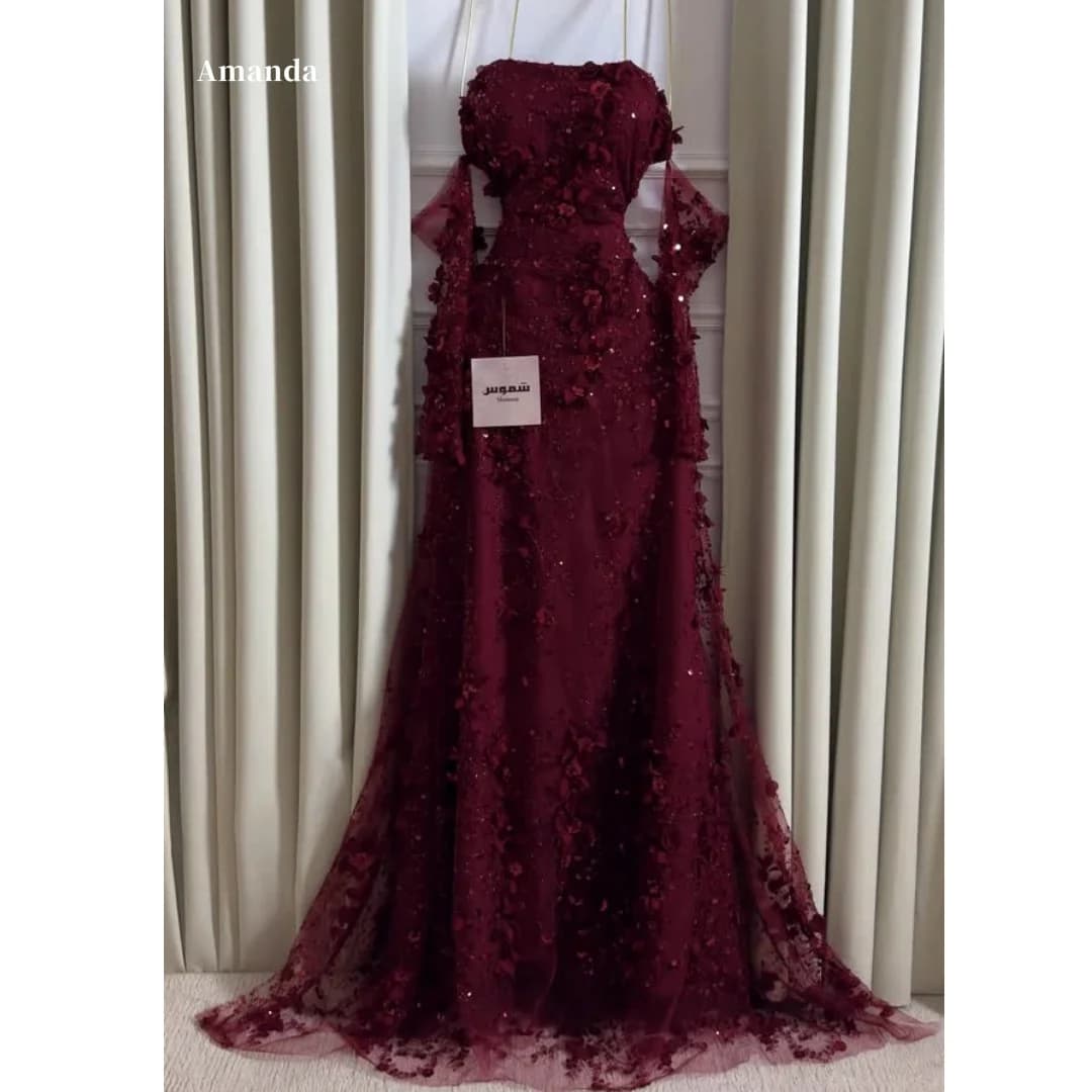 Amanda Customized Burgundy Strapless Prom Dress 3D Floral Sequin Tulle Train vestidos de noche Formal Evening Luxury Wedding