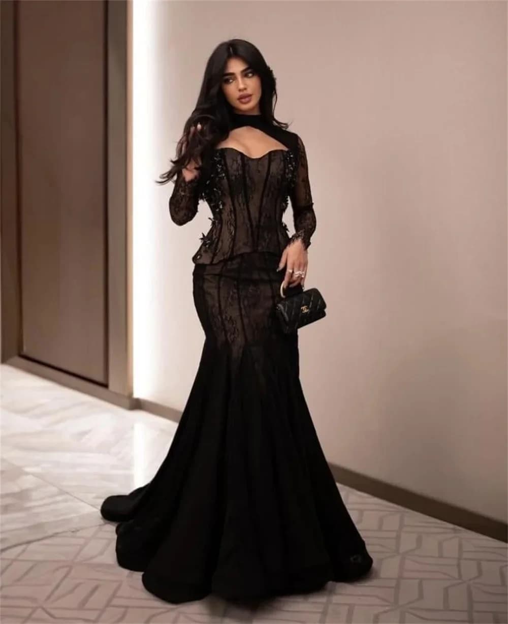 Customized Elegant Luxurious Evening Dresses  High Neck Trumpet  Floor Length Pleats Lace Flower Prom Special Occasion Dresses