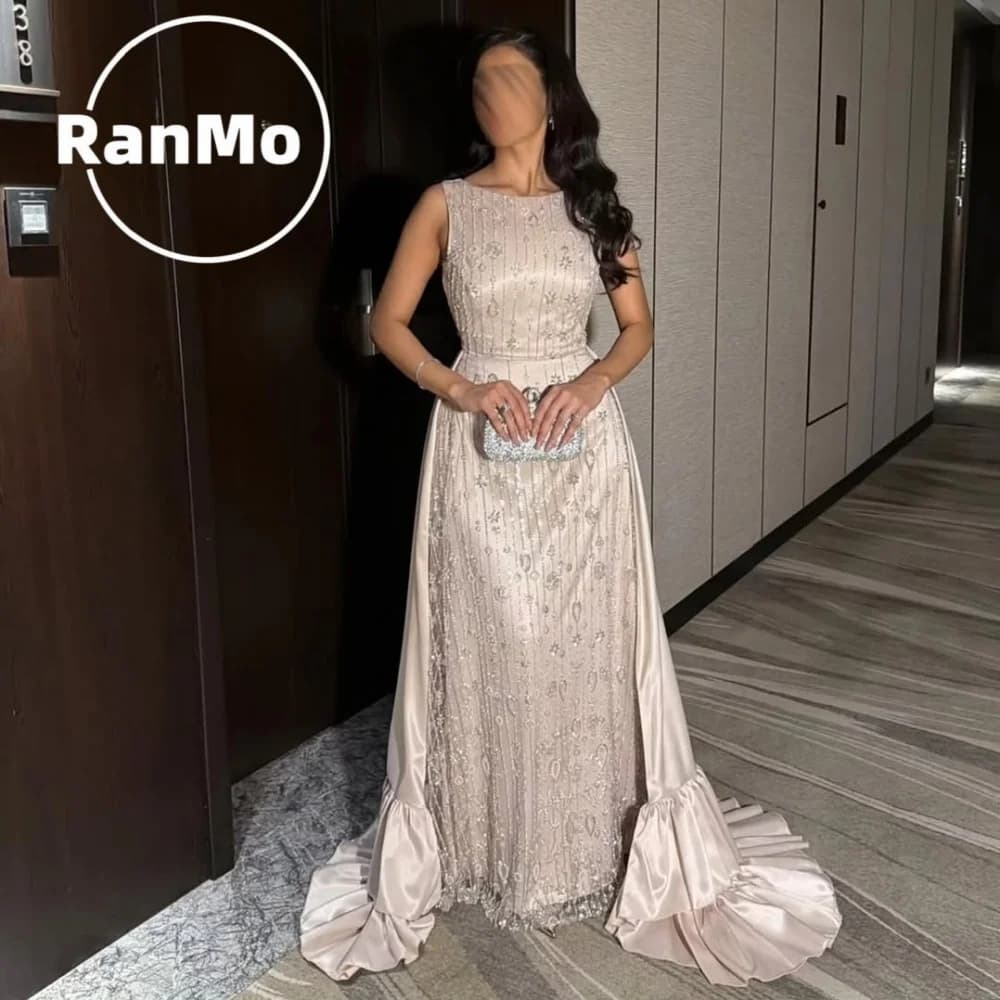 Ranmo Luxury Beading 2026 Evening Dress for Woman Scoop Neck Mermaid Pleat Satin Prom Gown Floor Length Party Dress Customized