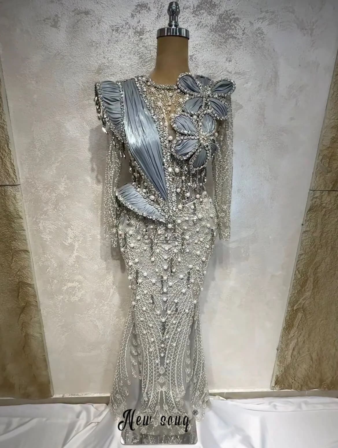 Glitter Gray Silver Prom Dress Long Sleeves Mermaid Wedding Guest Gowns Plus Size Embroidery Ruched Engagements Gowns Customized
