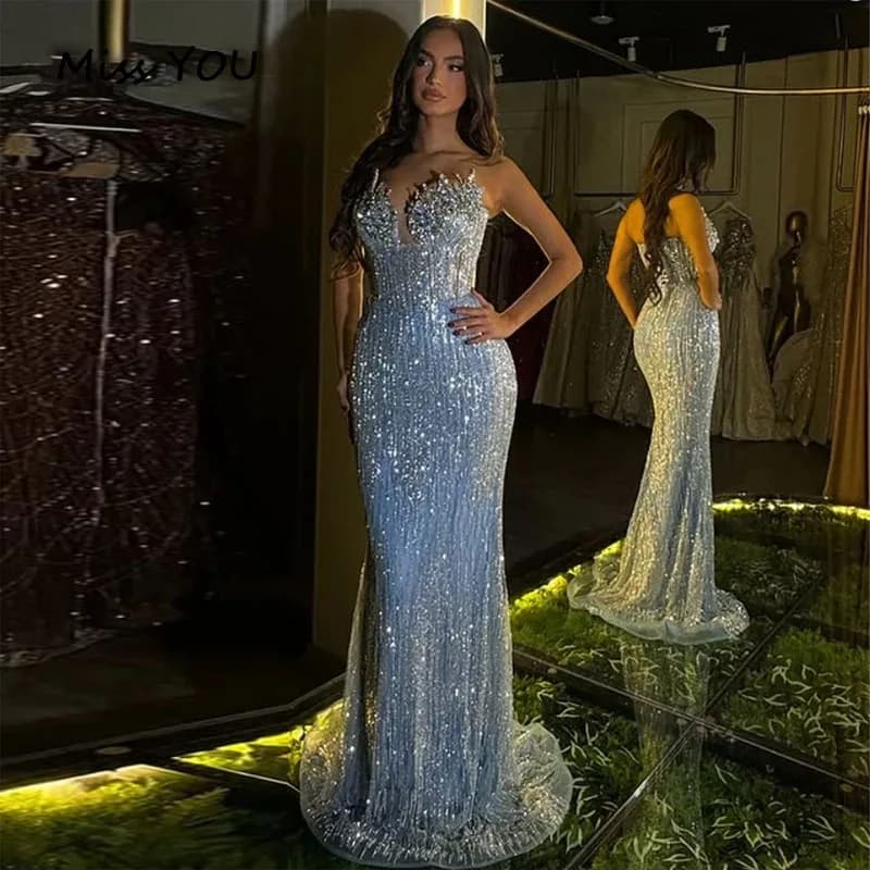 Customized Prom Dresses Bling Sleeveless Sequined  Sweetheart Gala with Rhinestones Sleeveless Vestido De Formatura Customized