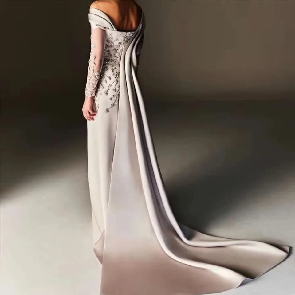 Customized Evening Dress  Off The Shoulder Beading Appliques A Line Light Champagne Evening Gowns Long Sleeves Women's Formal