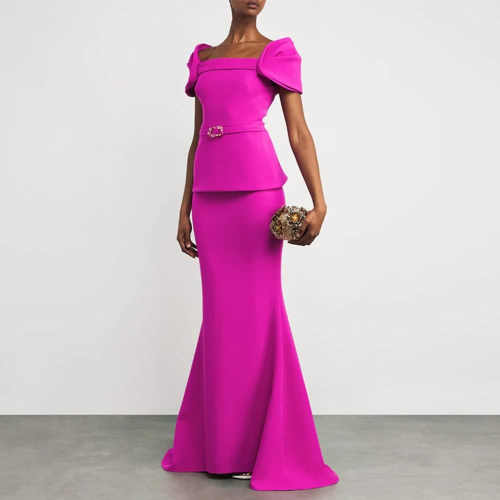 Customized Modern Evening Dress 2 Pieces Mermaid Short Sleeves Hot Pink Wedding Guest Gowns for Women Trumpet Elegant Prom Dress