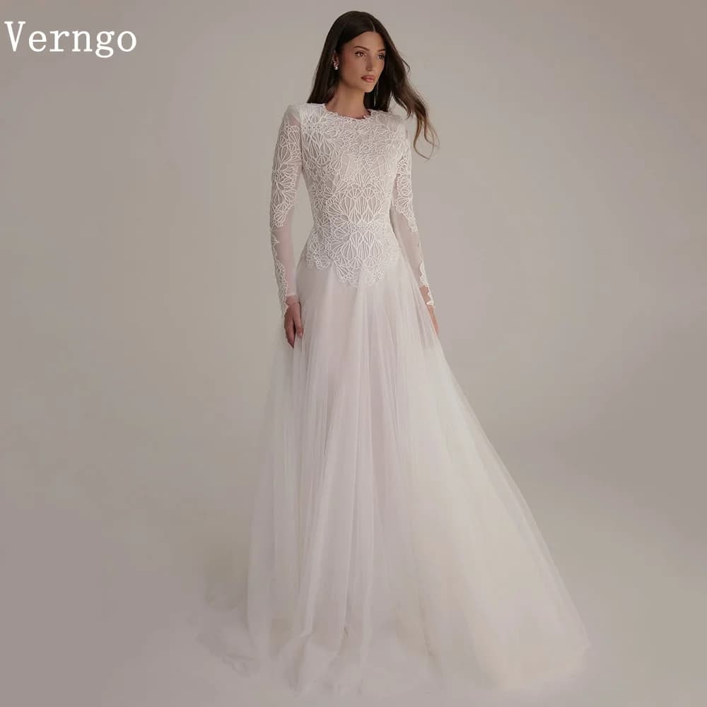 Verngo lvory Tulle Long Evening Dress Lace A Line Full Sleeves Prom Gowns  Modest Arabia Women's Formal Dress Customized