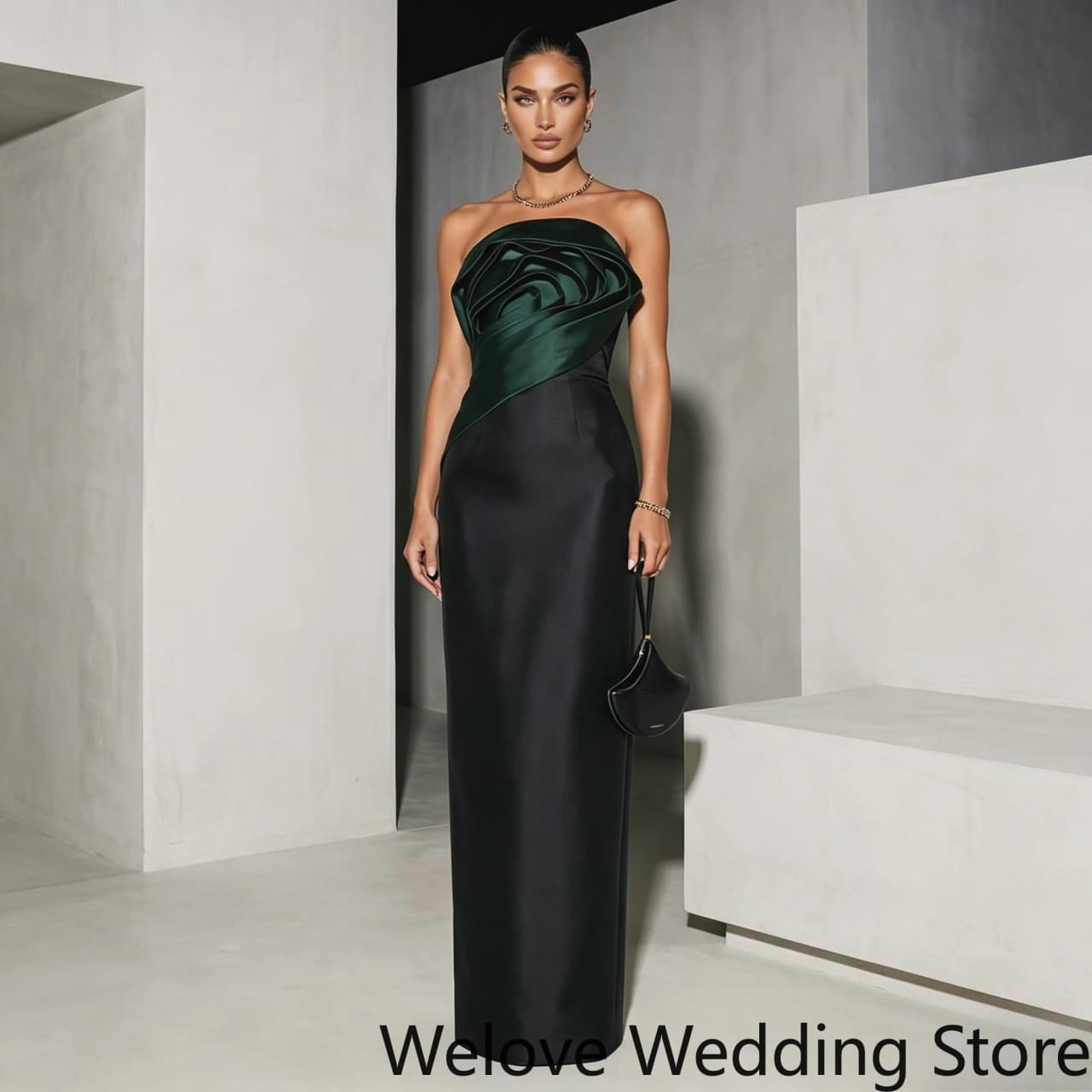 Sleek Black and Dark Green Formal Evening Gown featuring a modern strapless design an asymmetric satin bodice in rich dark green
