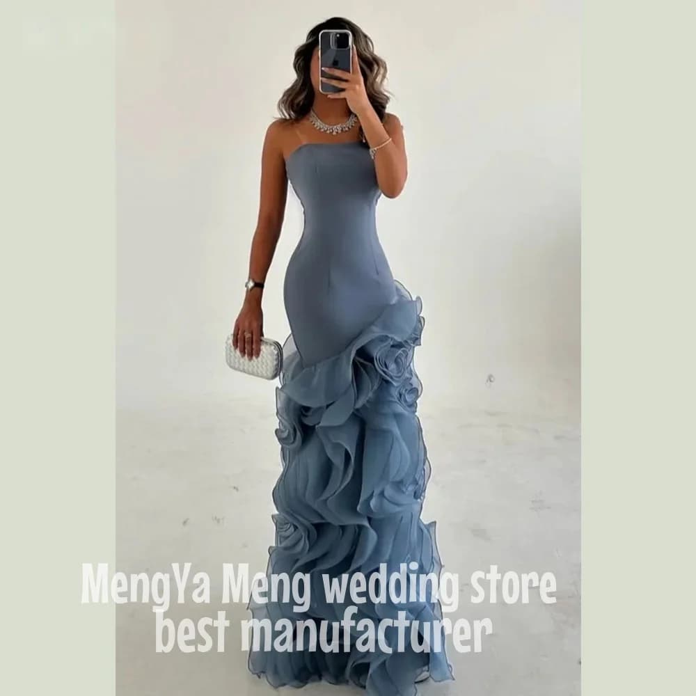 Strapless 2025 Prom Dresses Mermaid Sleeveless Blue Evening Dresses Pleated Floor Length Formal Occasion Party Dresses Ball Gown