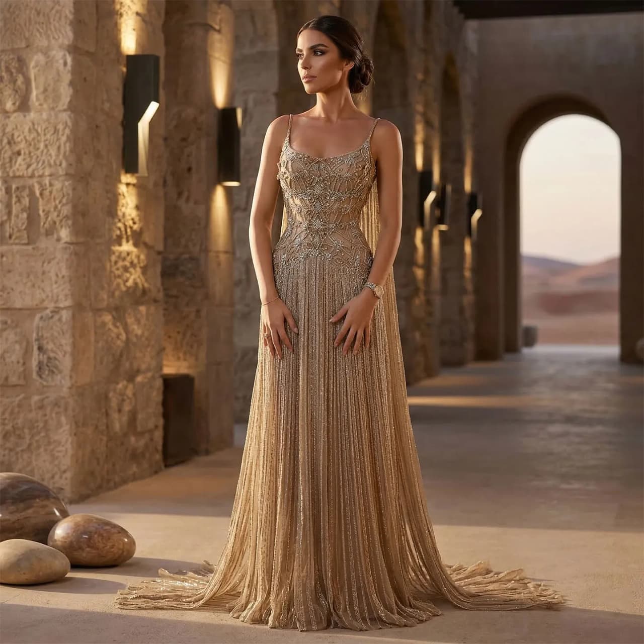 Sharon Said 2026 Dubai Elegant Champagne Spaghetti Strap Evening Dress Heavy Crystal Beaded Women Formal Party Gown SS538 Custom
