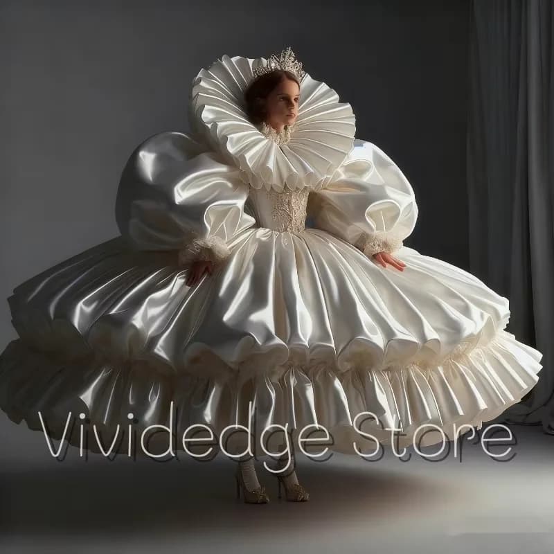 White Medieval Baroque-style Ball Gown with Puff Sleeves A-line Full-Skirted Layered Vintage Wedding Evening Dress Customized