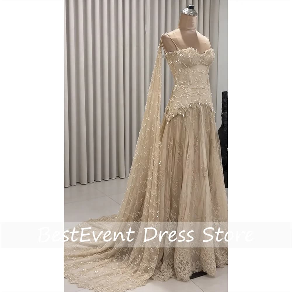 Luxury Evening Dress Party Gown Sweetheart Neck Beading Lace A Line Sweep Train Formal Prom Dresses Robe De Soiree Customized