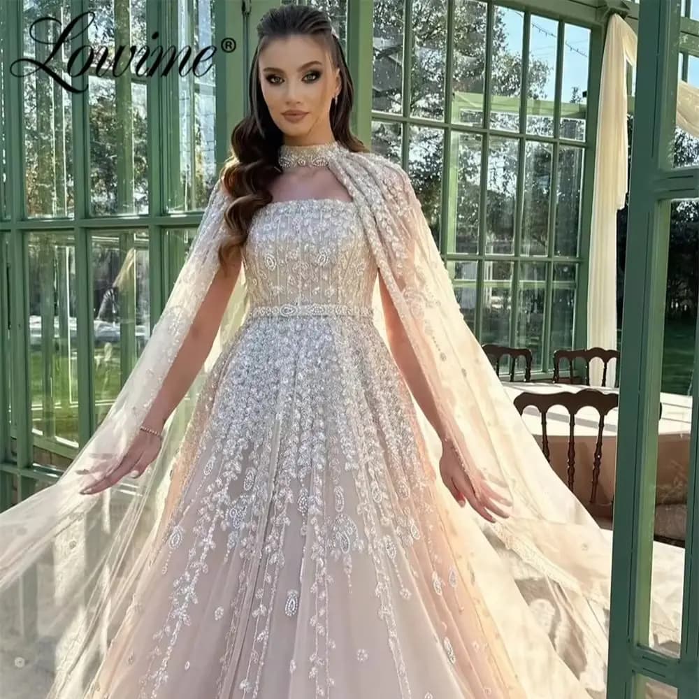 Light Pink A Line Cape Sleeve Long Prom Dresses Saudi Arabia Beaded Wedding Party Gowns 2026 Customized Engagement Evening Dress