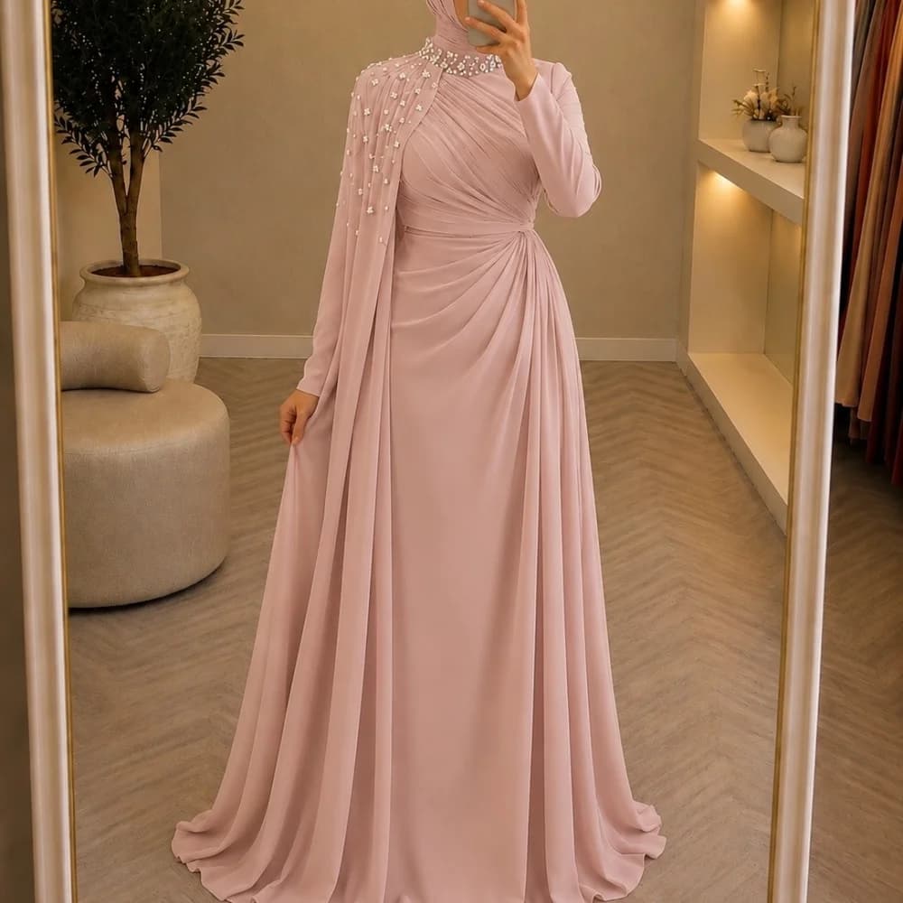 Customized Classic High Collar Long Sleeves Party Dress Glitter Pleat A-line Pleat Floor-length Formal Evening Dress For Wedding