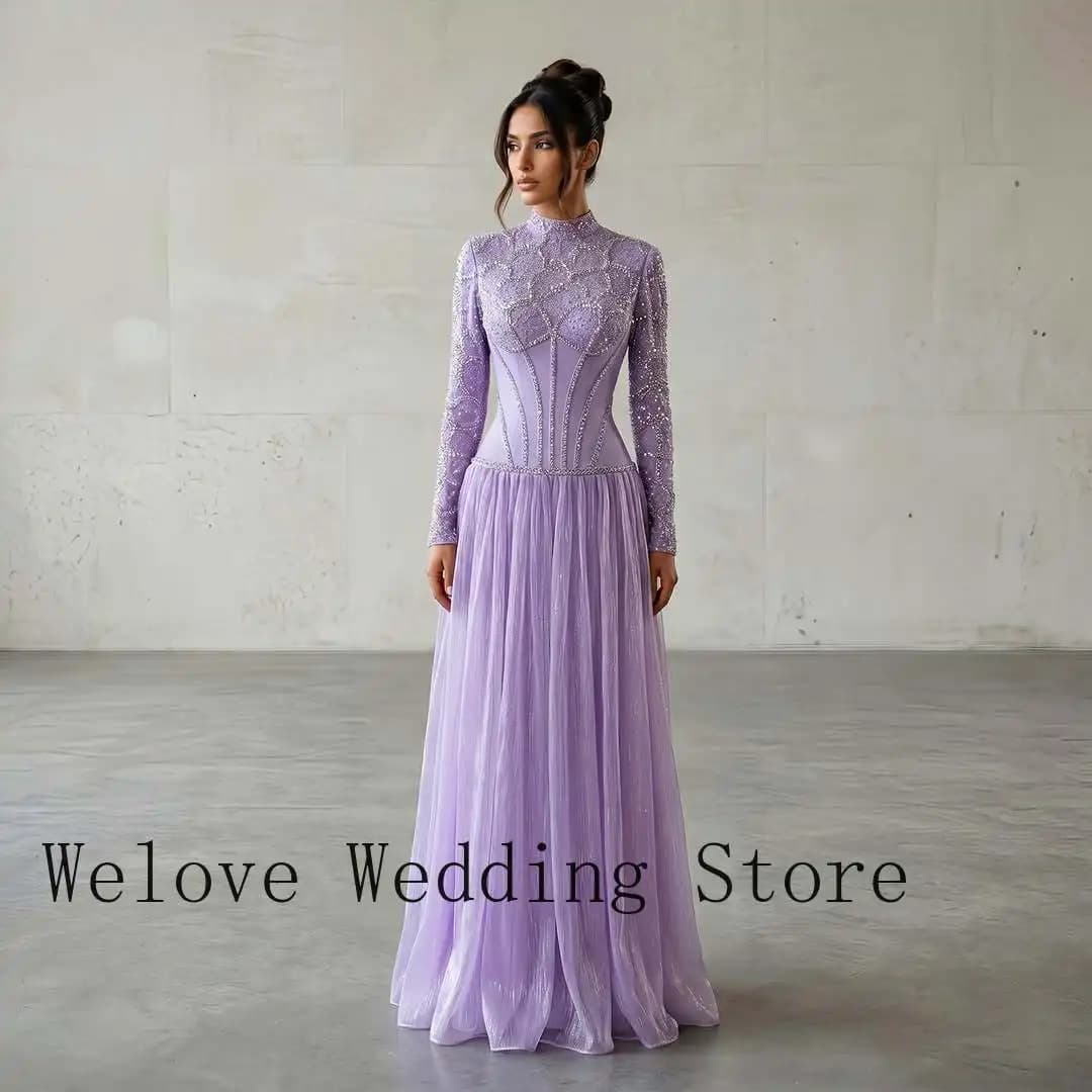 Formal Evening Dress with High Neckline, Beaded Corset Bodice, Long Sleeves and Flowy Tulle Skirt for Prom and Black Tie Events
