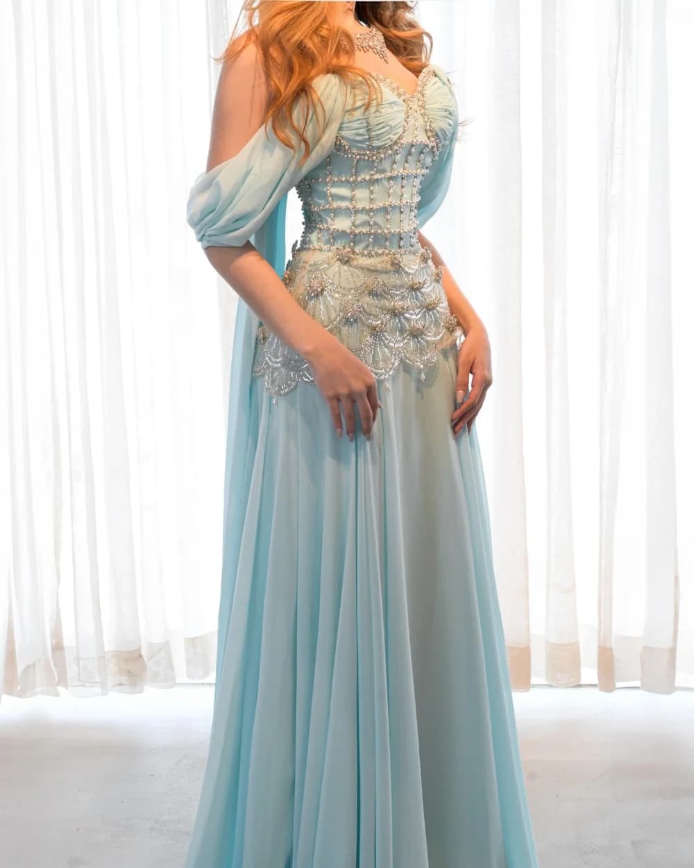 Customized Luxury Intricate Chiffon Beading Sequined Rhinestone Pearl A-line Off-the-shoulder Long Dresses For Wedding Party