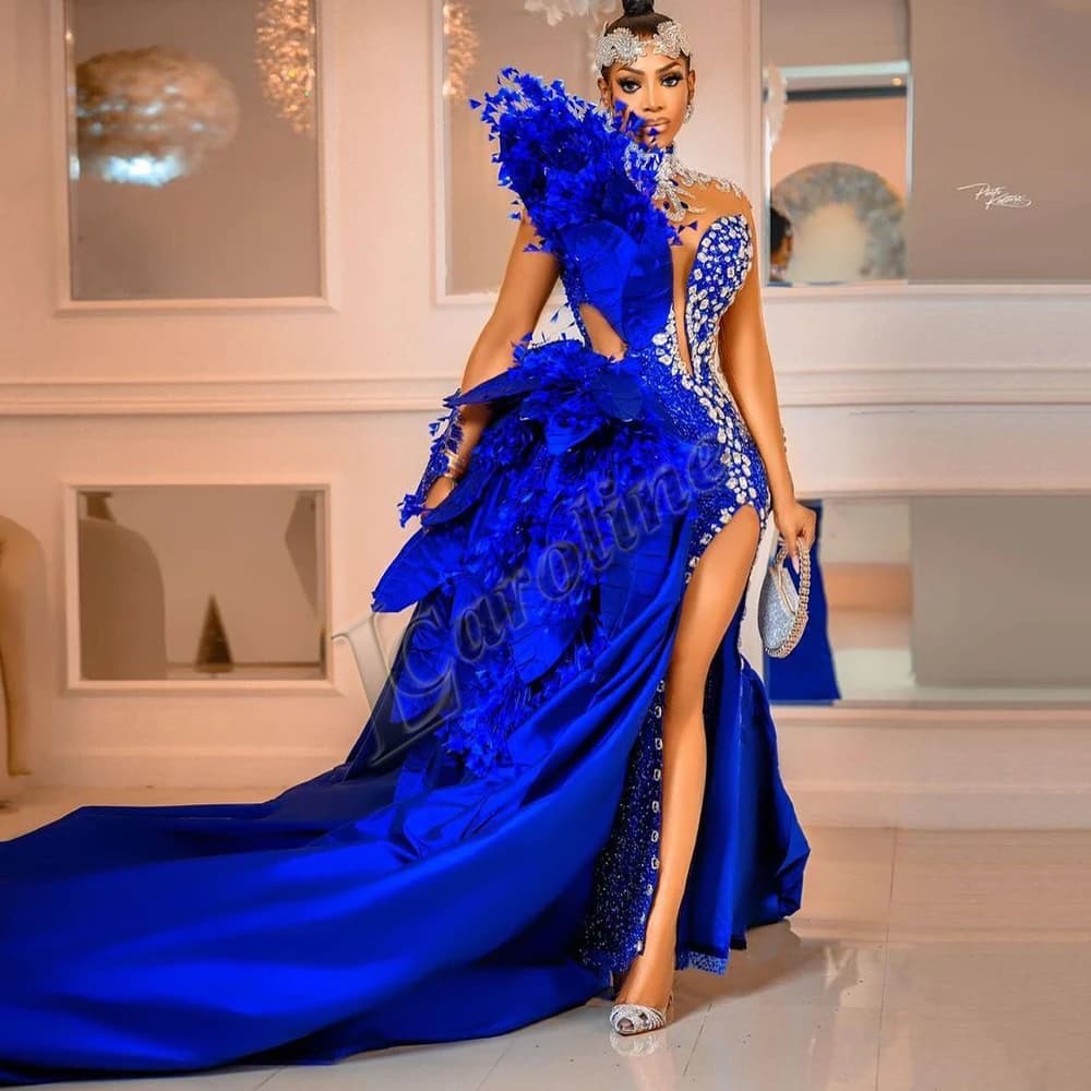Caroline Charming Mermaid Evening Dresses For Women Appliques Slit Crystals Party Dresses Illusion Customized Robes De Soirée