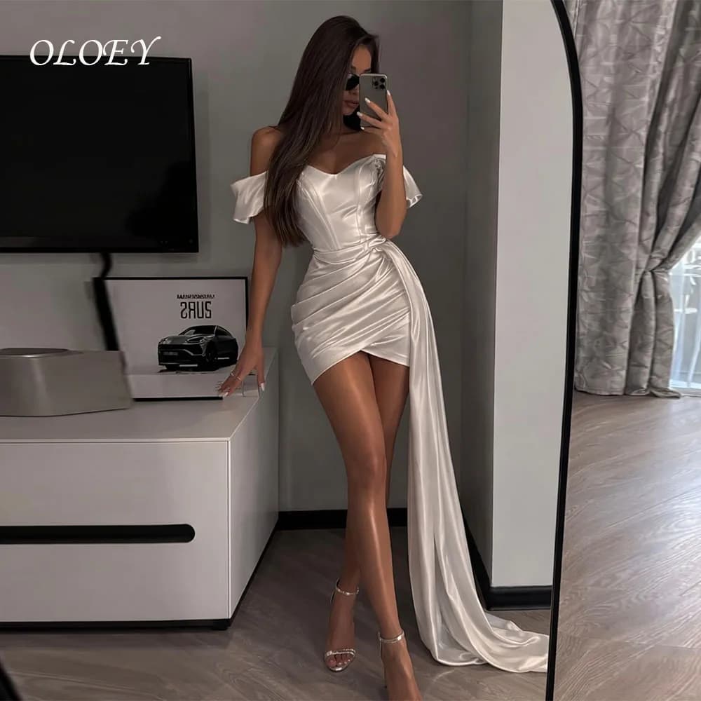 OLOEY Elegant White Silk Satin Short Evening Dresses Customized Off the Shoulder Long Strap Sheath Vestido De Gala New 2026