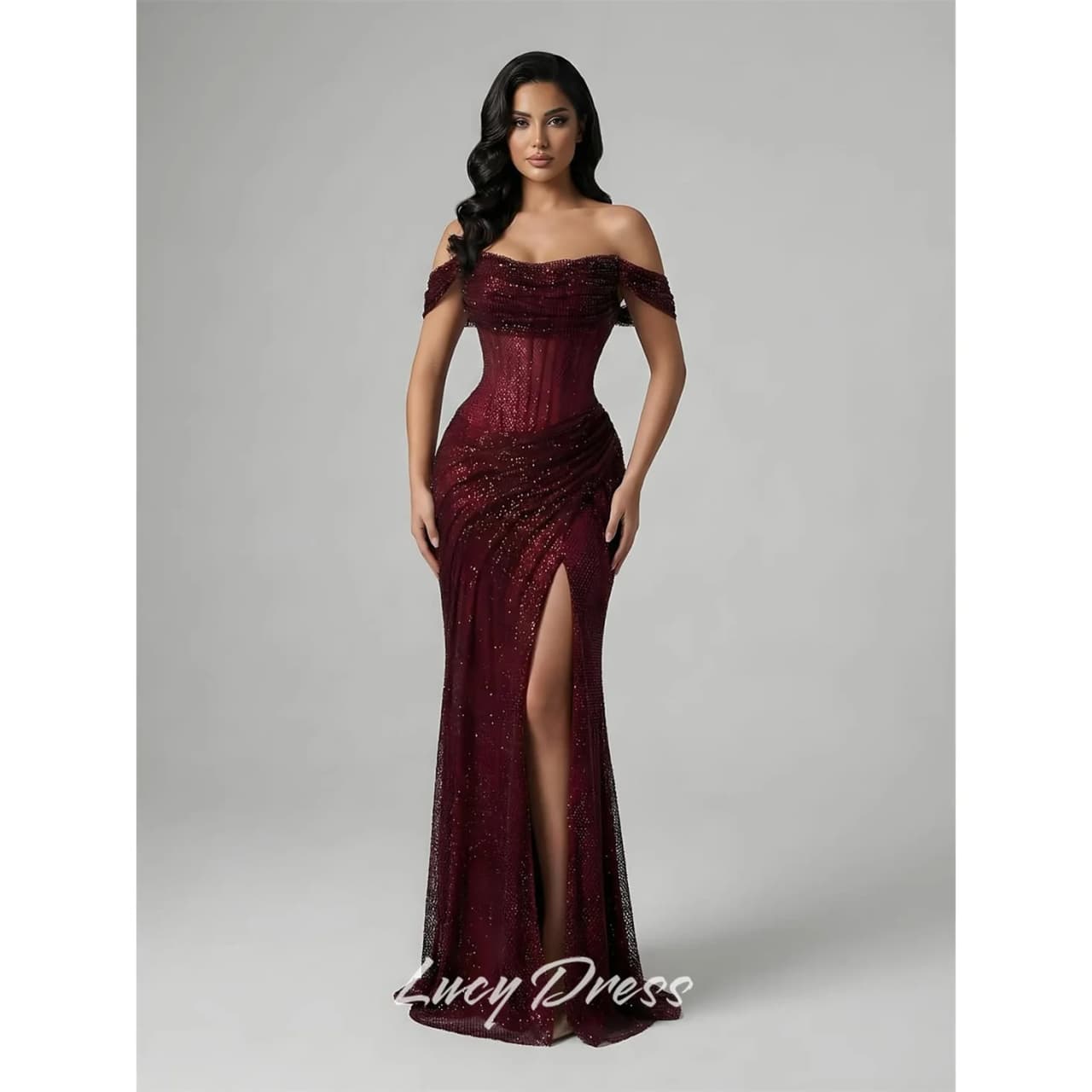 Lucy Sequin Off The Shoulder Burgundy Mermaid Evening Dress 2026 Prom Dress Custom Made Sequined Customized платье вечернее