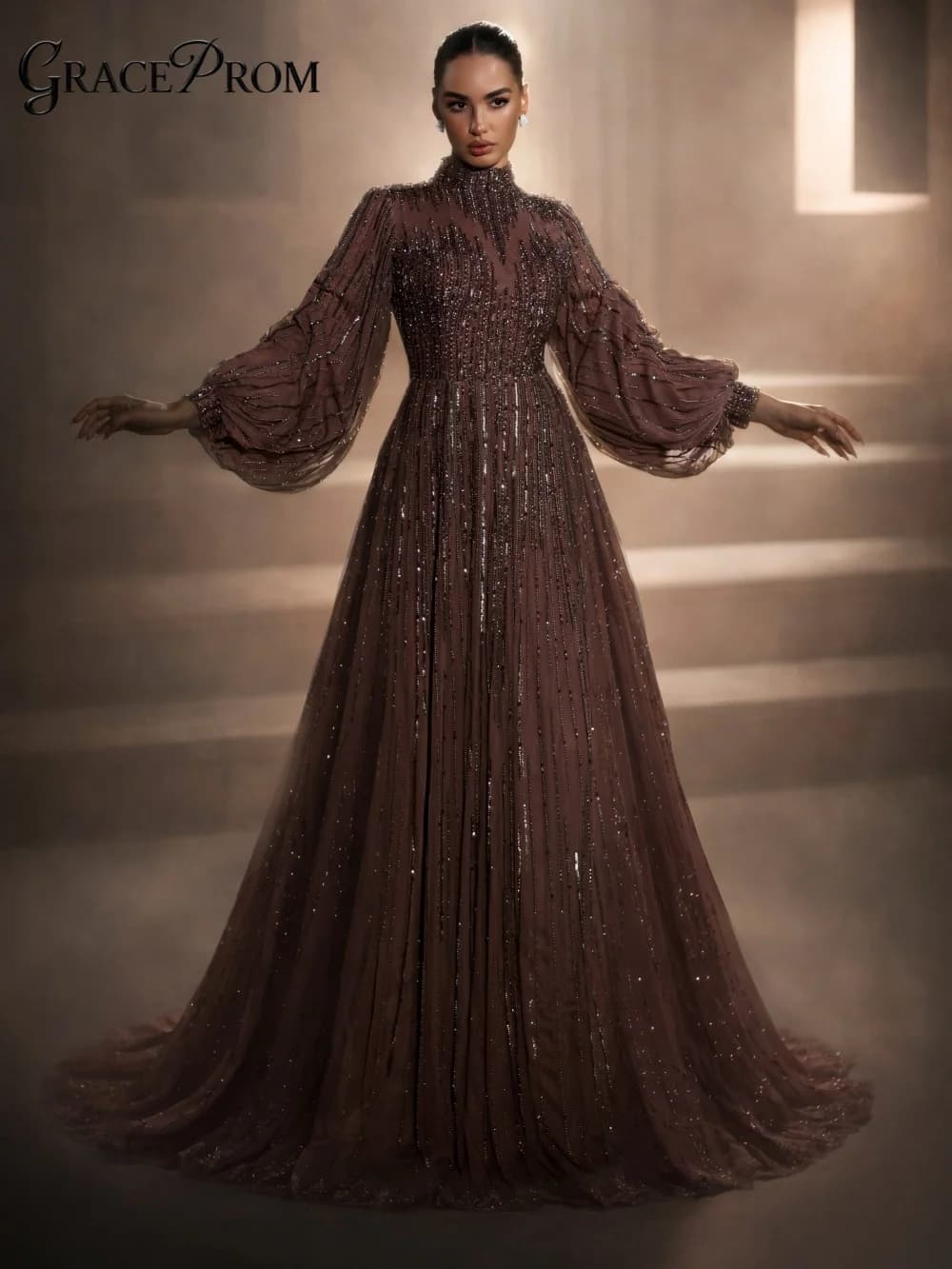 Regal High Neck Long Sleeve Beaded Party Dress Modest Brown Tulle Evening Gown with A Line Skirt For Wedding Guests فساتين سهرة