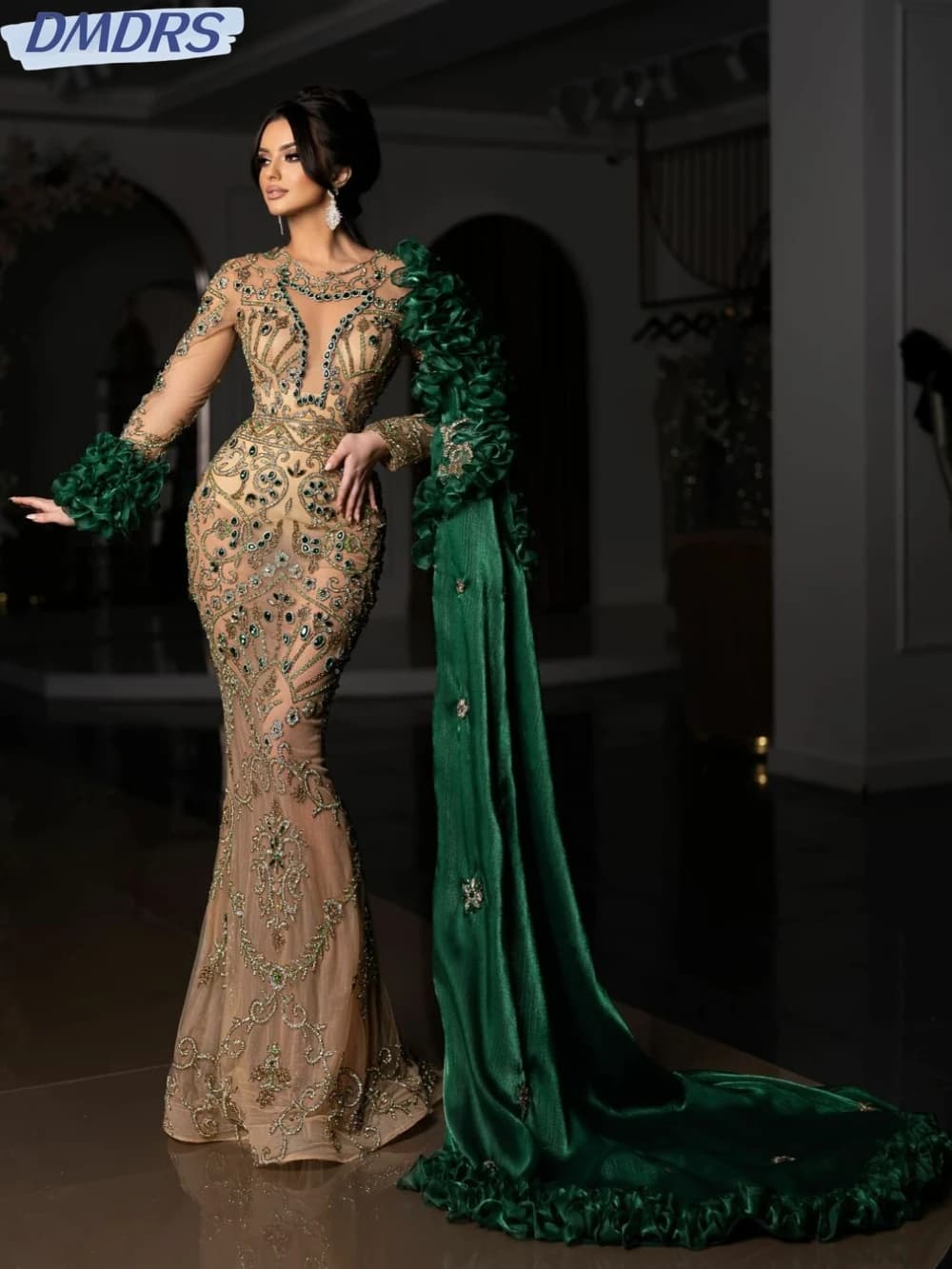 Glitter Hand-sewn Beads Crystal Prom Gown Sexy Illusion Cocktail Dresses Luxury Mermaid Evening Dress Customized Robe De Mariée