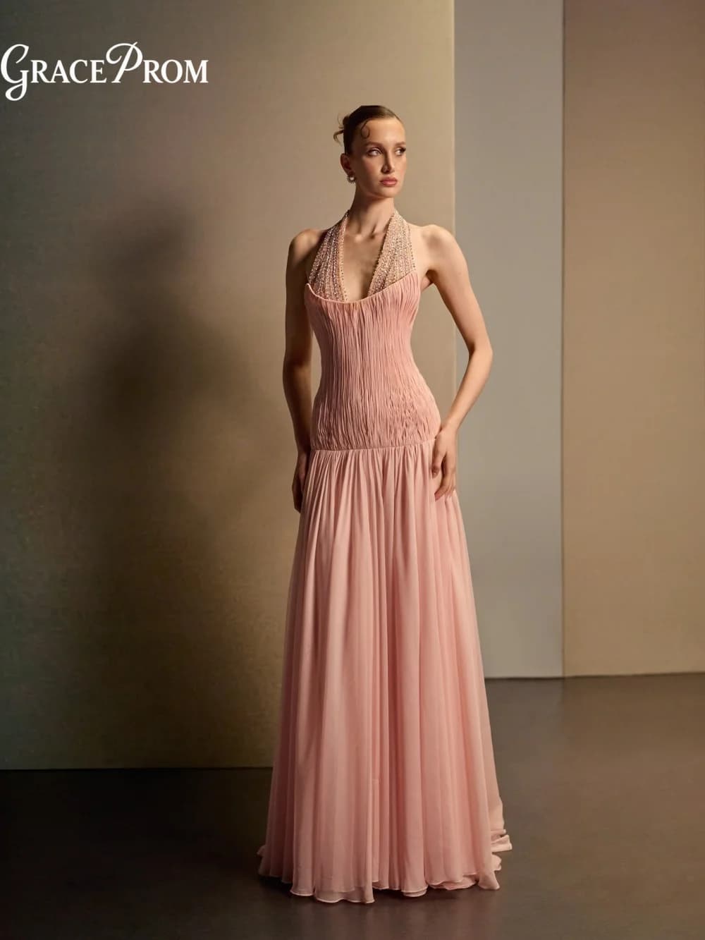 Ethereal Pink Halter Neck Beaded Chiffon A Line Evening Gown Party Dress 2026 For Wedding Guests فساتين سهرة Formal Prom Dress
