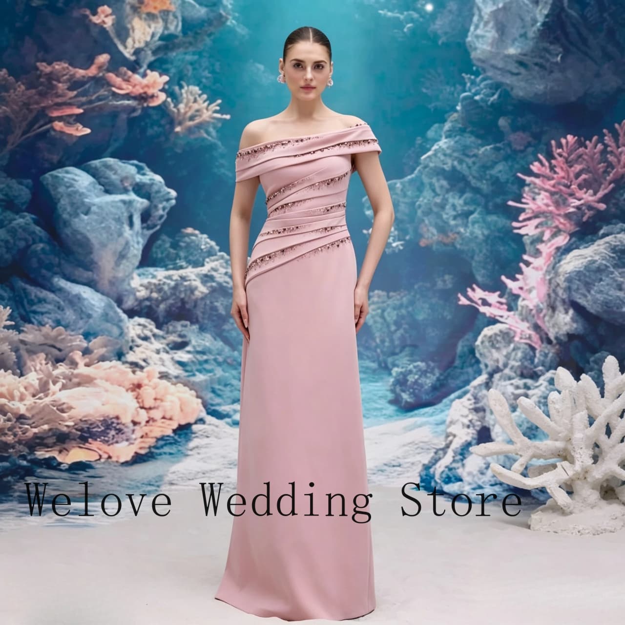 Pink Formal Evening Gown with One-Shoulder Neckline, Diagonal Beaded Stripes, Asymmetrical Design and Floor-Length Silhouette