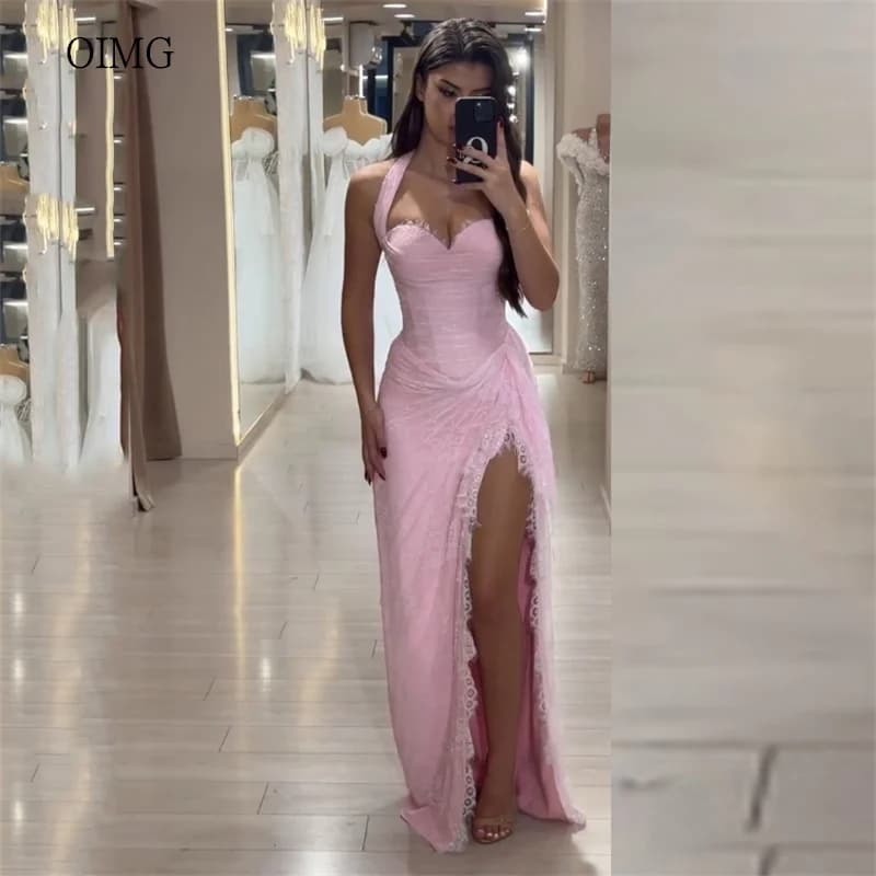 OIMG Pink Lace Halter Mermaid Prom Gowns Sweetheart Neck Backless Party Gown Side Slit Floor Length Evening Dress Customized