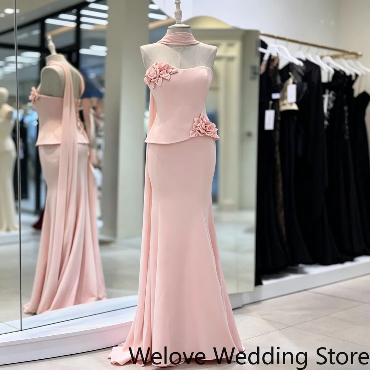 Romantic Blush Pink Formal Evening Gown Featuring a Strapless Neckline, Elegant Peplum Waist with 3D Floral Appliqués