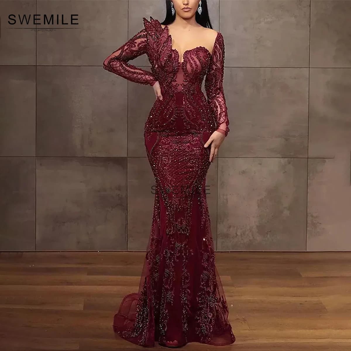 SWEMILE Burgundy Square Neck Mermaid Prom Dresses 3D Lace Beaded Tulle Formal Evening Dresses Customized Wedding Party Gowns